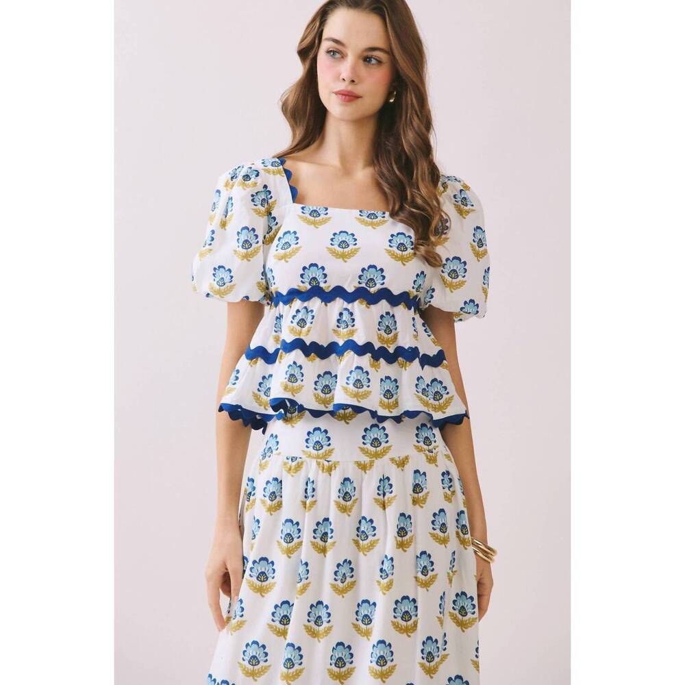 NEW TCEC lily floral print layered ruffle ric rac top in off white